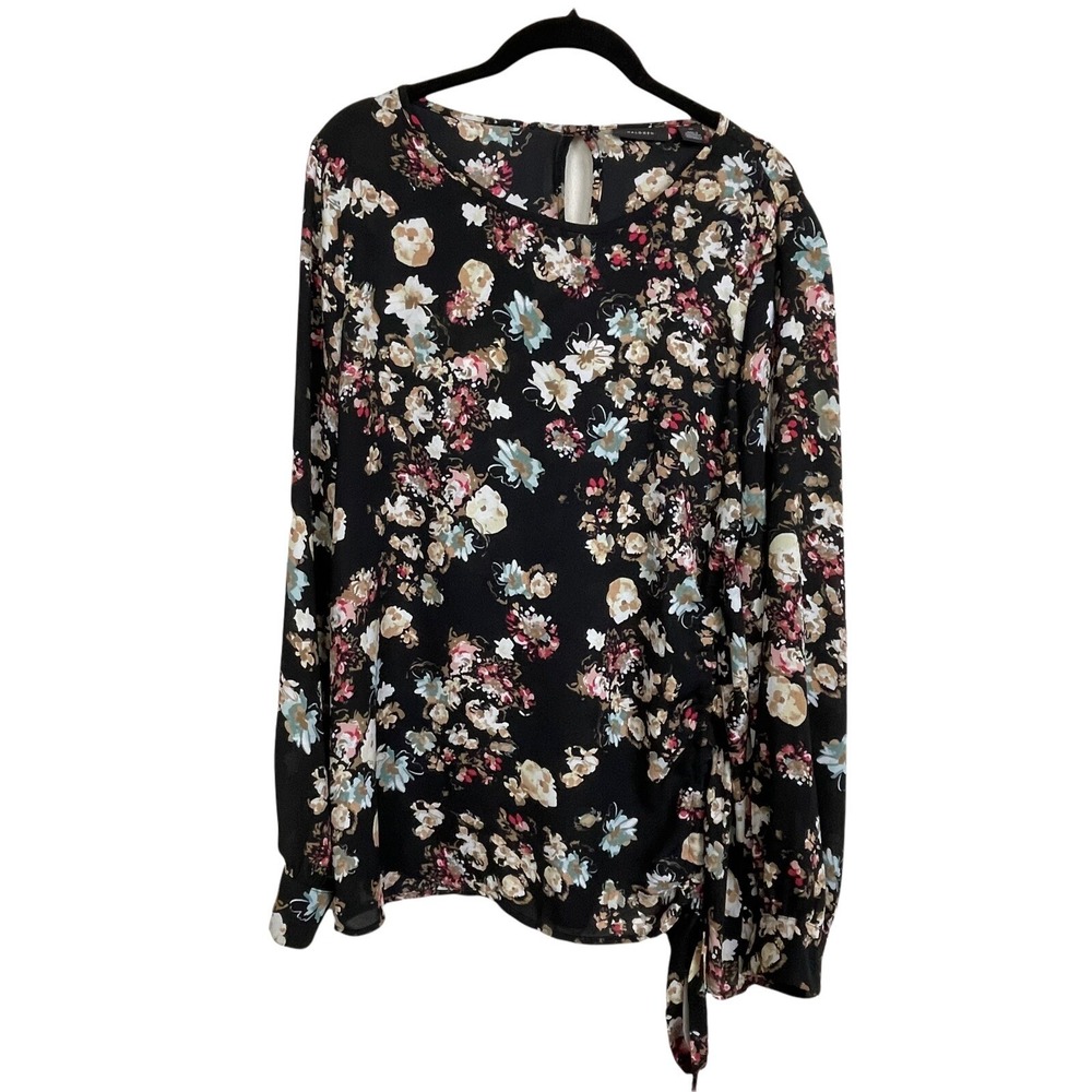 Halogen Women's M Tunic Blouse Tan Black Red Print Ruching Tie Long Sleeve Top